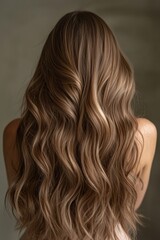 Fototapeta premium Back portrait showing voluminous, wavy caramel brown hair with natural highlights, ideal for hairstyle or haircare promotion visuals.