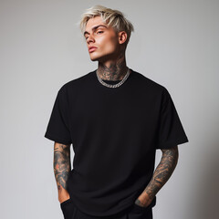 A fashion portrait with black plain t-shirt mockup, AI Generated