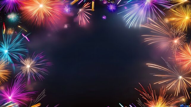Fireworks exploding in a dazzling border, with vivid trails of color around a dark background, ideal for New Year's Eve or holiday-themed designs.