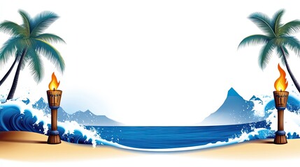 Hawaiian border featuring palm trees, tiki torches, and ocean waves, ideal for beach party flyers, travel promotions, or tropical-themed designs.