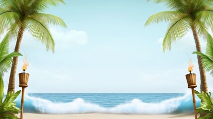 Hawaiian border featuring palm trees, tiki torches, and ocean waves, ideal for beach party flyers, travel promotions, or tropical-themed designs.