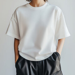 A fashion portrait with white plain t-shirt mockup, AI Generated