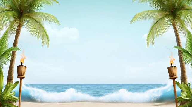 Hawaiian border featuring palm trees, tiki torches, and ocean waves, ideal for beach party flyers, travel promotions, or tropical-themed designs.