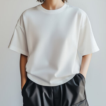 A fashion portrait with white plain t-shirt mockup, AI Generated