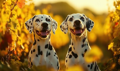Two happy Dalmatians posing in vibrant autumn vineyard with golden leaves