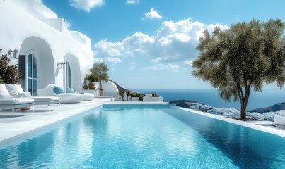 Fototapeta premium Stunning Santorini villa with infinity pool overlooking Aegean Sea and white architecture
