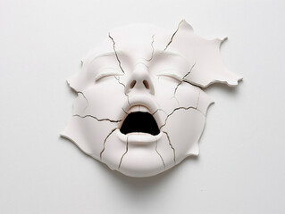 Naklejka premium Abstract Cracked White Face Sculpture on White Background