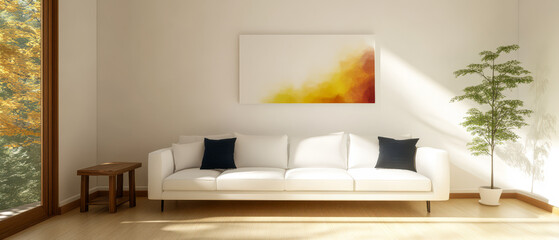 Bright and minimal living room with white sofa and natural light in a modern home