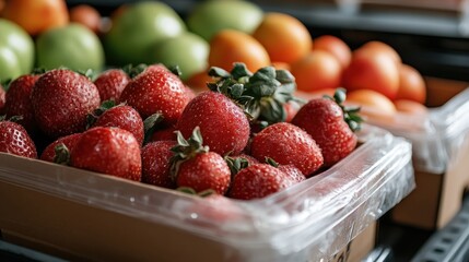 A vivid array of freshly picked strawberries fills a plastic tray, showcasing their bright red color and glistening surface, appealing to fruit lovers and chefs alike.