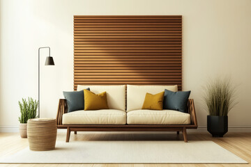 Fototapeta premium Modern living room with stylish sofa and wooden accent wall in bright interior