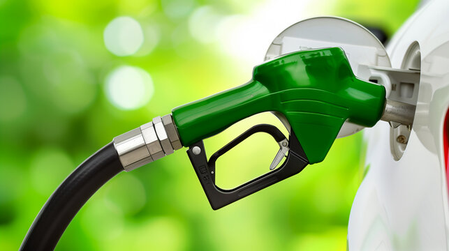 Eco-friendly fuel concept with gas pump and green background
