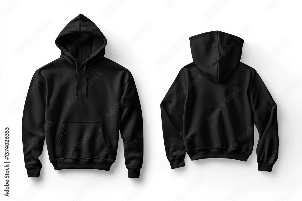 Aufkleber black hooded sweatshirt displayed from front and back angles in studio setting under soft lighting f
