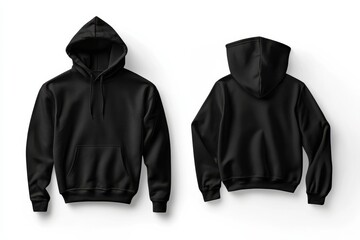 Black hooded sweatshirt displayed from front and back angles in studio setting under soft lighting for fashion showcase