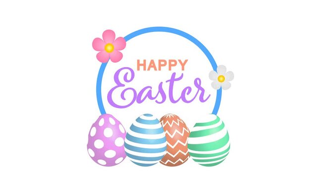 Happy Easter text logo animation with easter eggs and flowers on transparent background. Alpha channel included.