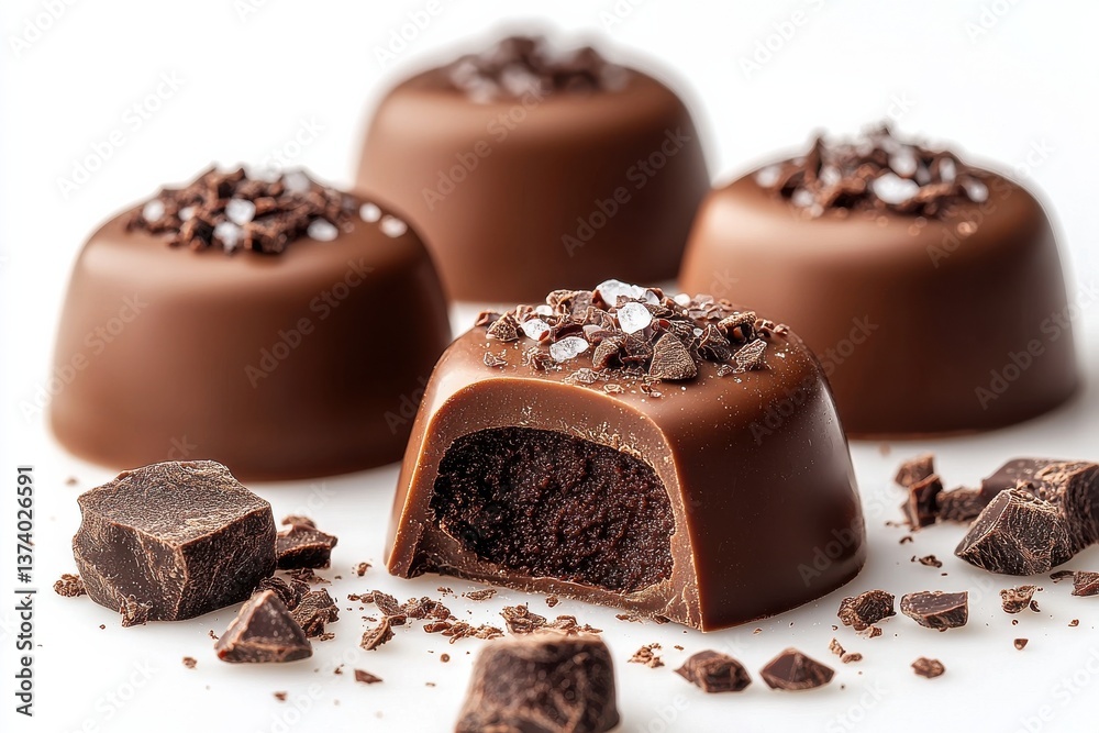Poster decadent chocolate bonbons with a rich filling and toppings on a clean background