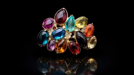 A photo of a bold gemstone cluster brooch.