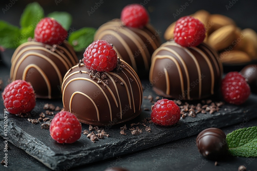 Aufkleber Delicate chocolate truffles topped with fresh raspberries and cocoa nibs on a dark slate board