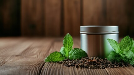 A stylish silver container sits elegantly amidst fresh mint and tea leaves, capturing the essence of herbal wellness and inviting serenity into the atmosphere.