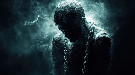 Human figure wrapped in heavy chains of darkness breaks free in sunlight, symbolizing resilience and inner strength