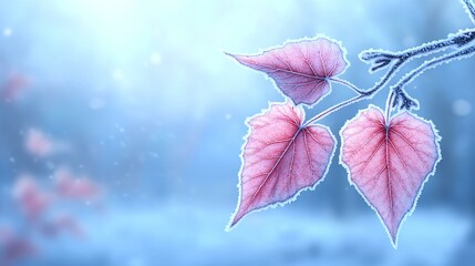 background nature fantasy Pink frost-covered leaves glisten softly against a serene winter backdrop, capturing the beauty of nature's resilience and transformation.