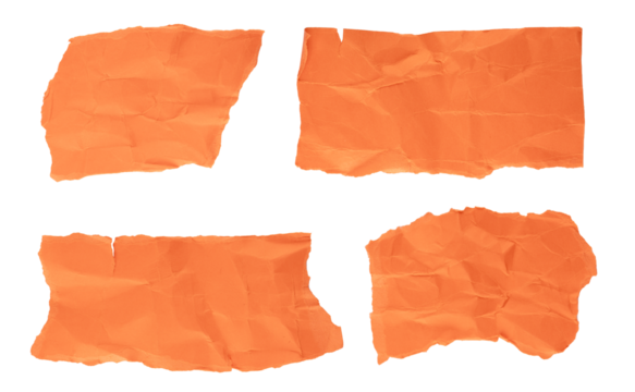 Wrinkled, Crumpled orange pieces of paper with torn edges in a rectangular shape, ripped orange paper sheets, sign, label, blank note paper element, grunge textured graphic element