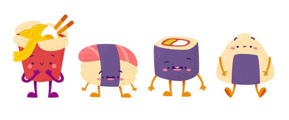 Cute asian food set. Cartoon vector textured asian food characters with faces.