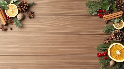 background nature ingredient food food ingredient Festive table setting with pinecones, cinnamon sticks, and dried citrus on wooden background, perfect for seasonal celebrations.