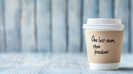 Coffee cup with motivational quote on wooden table, inspiring message for students, study break, exam stress relief, coffee culture, freedom concept