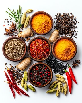 background nature ingredient food food ingredient A vibrant display of various spices in bowls, showcasing colorful powders and whole spices for culinary delights.