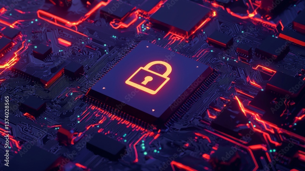Poster a 3d render depicts a futuristic motherboard with the cpu, illustrating security technology concept 