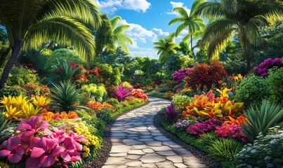Fototapeta premium vibrant tropical garden pathway surrounded by colorful flowers and lush greenery
