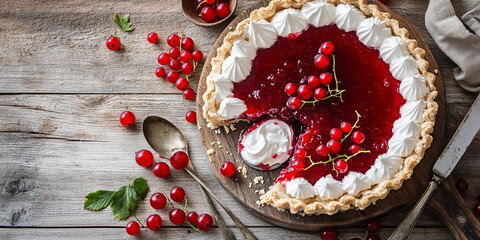 Overhead view of red currant tart on wooden board, slice removed, surrounded by berries and spoons, showcasing rustic dessert presentation, ideal for food blogs or recipe websites