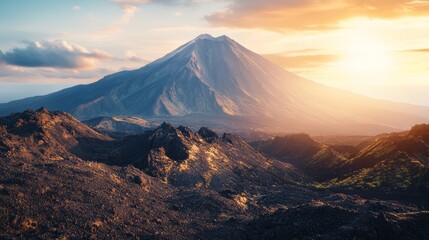a volcano far in the distance surrounded by cascades of mountains