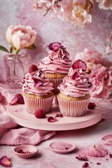 Pink raspberry cupcakes with petals and berries on a stand with a floral background