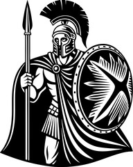 Spartan soldier with spear and shield linocut style vector file