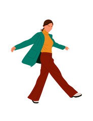 Young woman walking side view. Pretty girl in smart casual spring, autumn street fashion outfit. Vector realistic illustration isolated