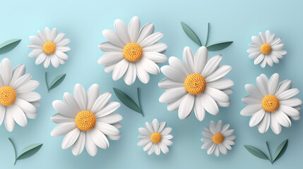 Fototapeta premium Cute pastel-colored daisies on a simple pastel blue background, perfect for text space, banners, presentations.