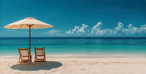Obraz premium Relaxing Beach Chairs Under a Sun Umbrella on a Sunny Day by the Turquoise Ocean