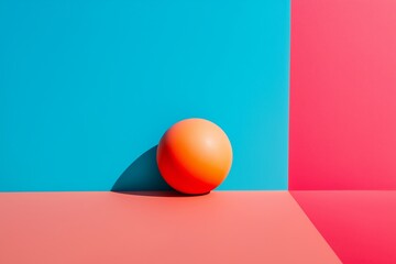A vivid orange sphere rests on a vibrant pink and blue backdrop, showcasing color contrast and simplicity.