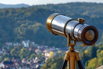 A monocular telescope mounted on a wall surveys the blurred surroundings with a narrow depth of field