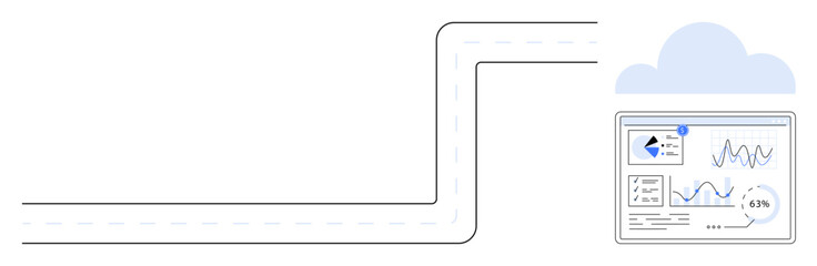 Curved road leading to a data analytics dashboard inside a cloud, showing graphs, charts, and statistics. Ideal for technology, cloud computing, data management, progress, analytics business