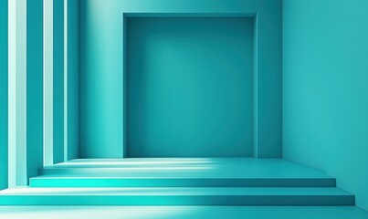 Modern turquoise interior with steps and doorway creating a serene atmosphere
