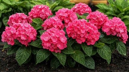 Fototapeta premium Bush of blooming hydrangeas with droplets after summer rain in a lush garden