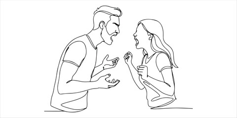 couple arguing and yelling at each other continuous single line art drawing sketch on white background