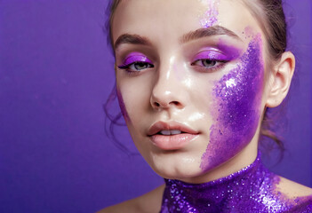 portrait of a woman with bold purple makeup and glitter on her face and neck, against a matching purple background