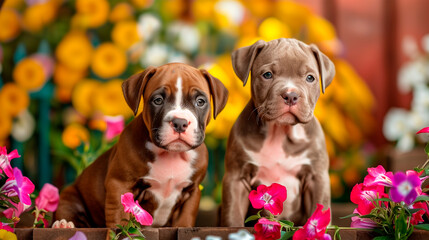 Two adorable puppies amidst vibrant flowers in a garden, reflecting the freshness and joy of springtime