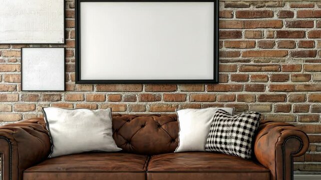 Comfortable leather couch against a textured brick wall with empty frames and decorative pillows