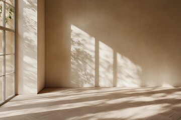 Obraz premium 格子状の大きな窓から光が差し込むミニマルなベージュの空間 | Minimal beige interior with sunlight streaming through grid window