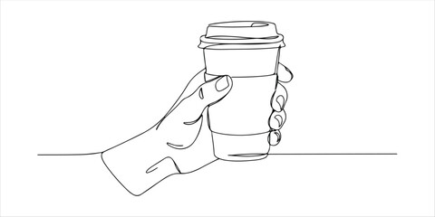 hand holding disposable coffee cup with lid continuous single line art drawing sketch on white background
