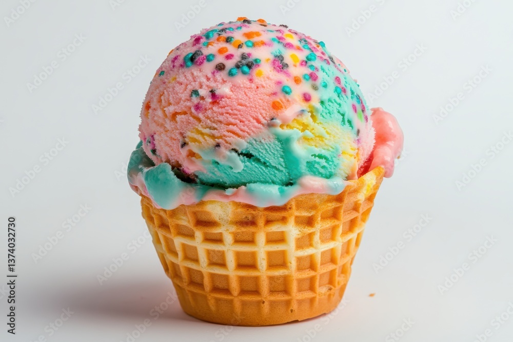 Poster colorful ice cream in a waffle cone topped with sprinkles served in a bright setting